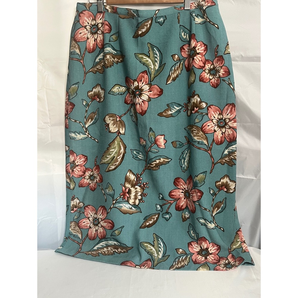 Alfred Dunner Teal Floral Midi Skirt Plus Sz 16W NWT Crepe Straight Back Slit